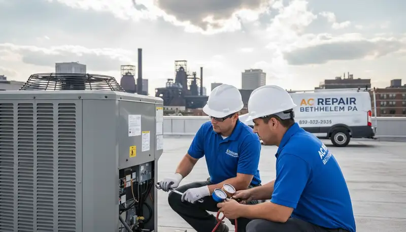 Professional AC repair service technicians in Allentown PA fixing residential air conditioning units