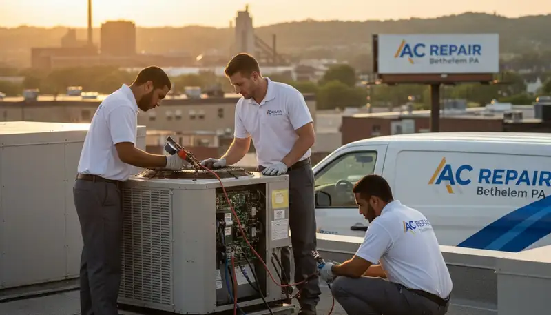 Professional AC repair technician servicing air conditioner unit in Allentown, PA