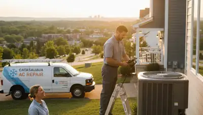 Professional AC repair technician servicing air conditioner in Allentown PA home