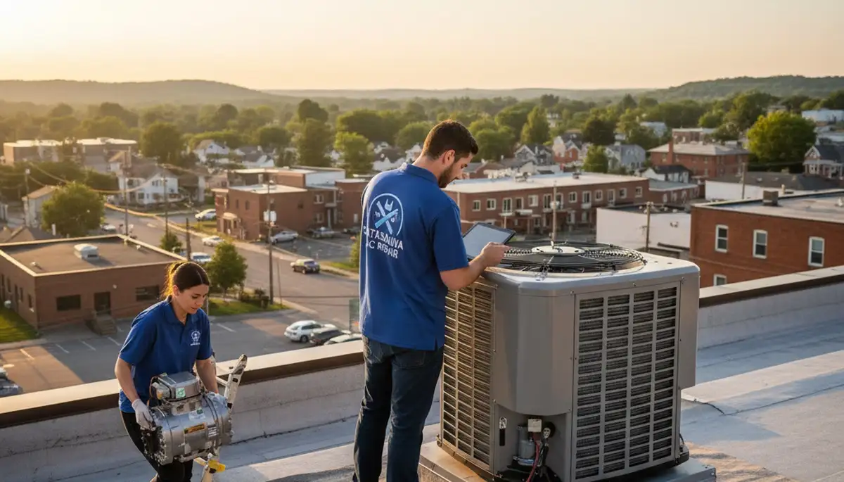 Professional AC repair technician servicing air conditioner unit in Allentown PA home