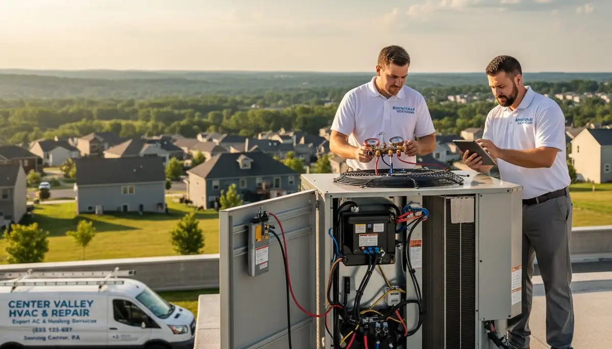 Professional AC repair technician servicing air conditioner in Allentown PA home