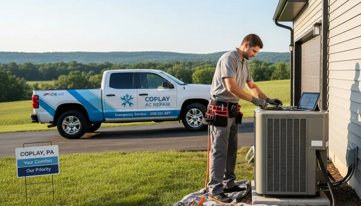 Professional AC repair technician servicing air conditioner in Allentown PA home