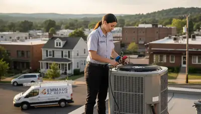 Professional AC repair technician servicing air conditioner unit in Allentown PA home