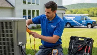 Professional AC repair technician servicing air conditioner in Allentown PA home