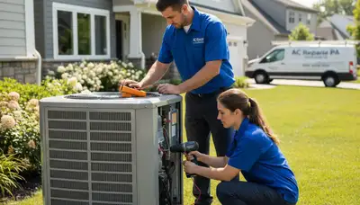 Professional AC repair technician servicing air conditioner unit in Allentown PA home