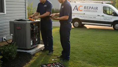 HVAC technician performing AC repair service in Allentown, PA home