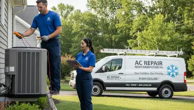 Professional AC repair technician servicing air conditioner in Allentown PA home