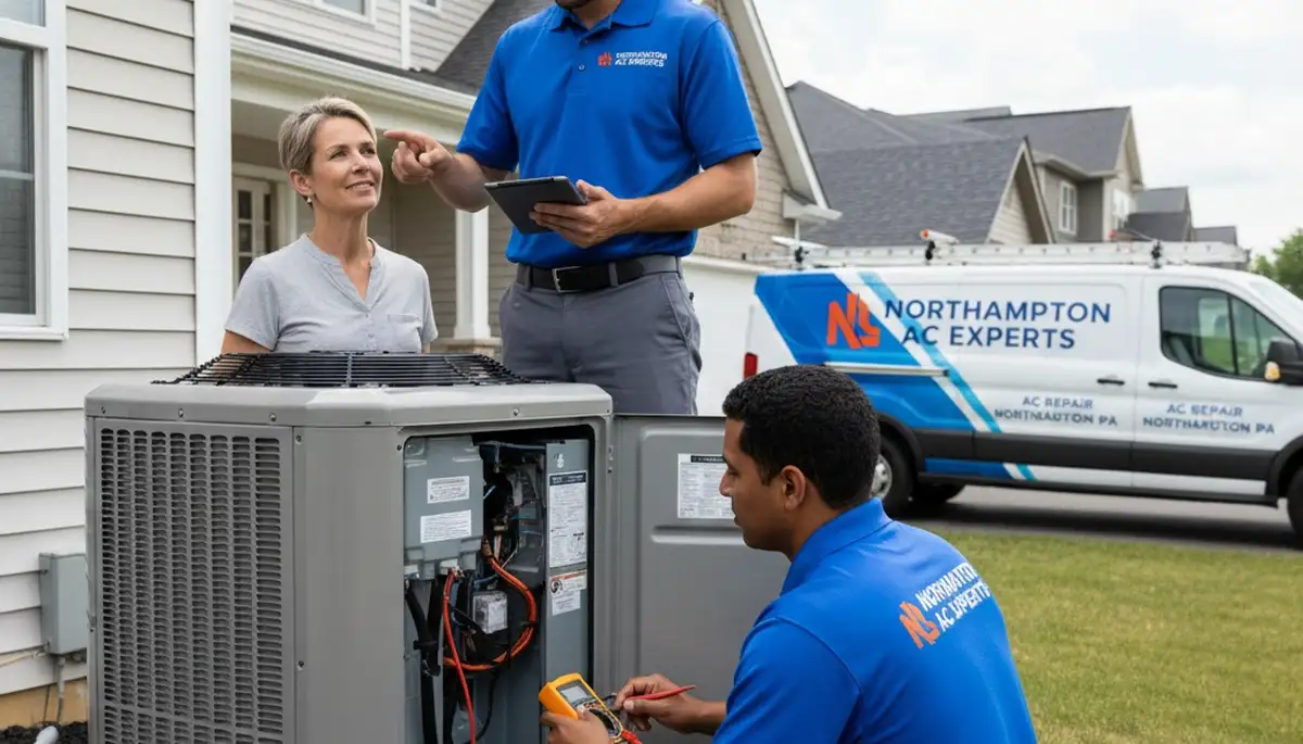 Professional AC repair technician servicing air conditioner in Allentown PA home