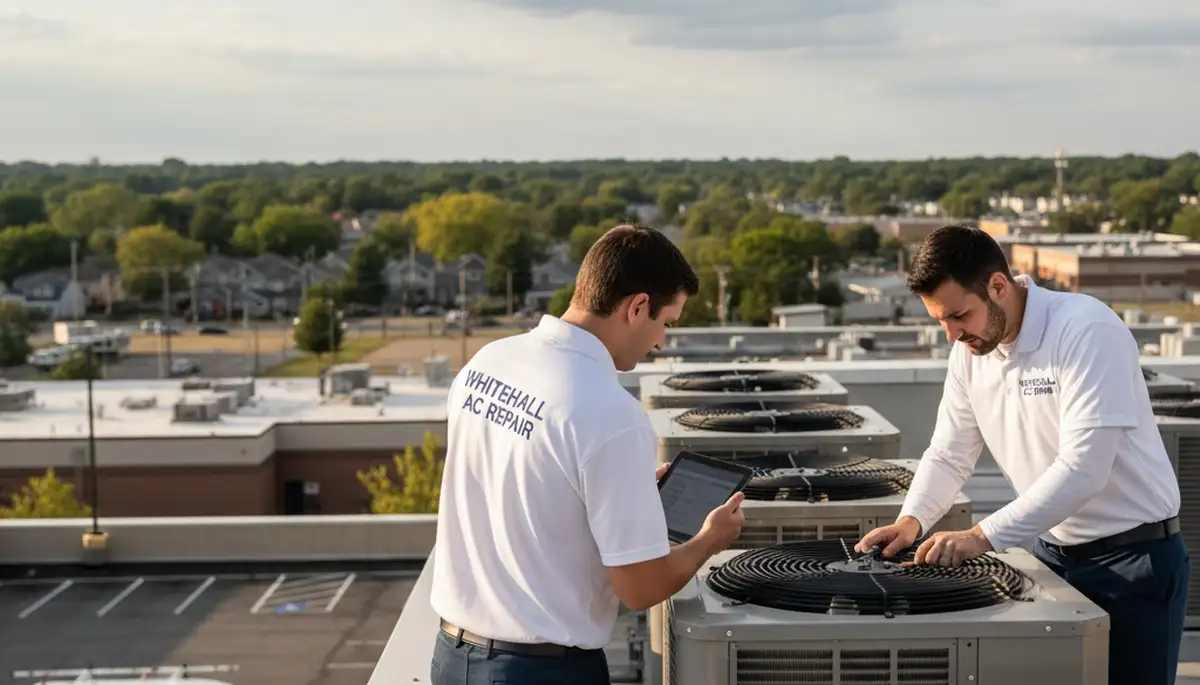 Professional AC repair technician servicing air conditioner unit in Allentown PA home