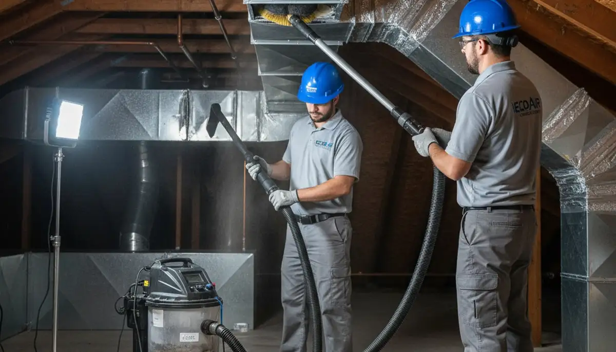 Technician cleaning air ducts for HVAC system in Allentown, PA home by Five Star Cooling