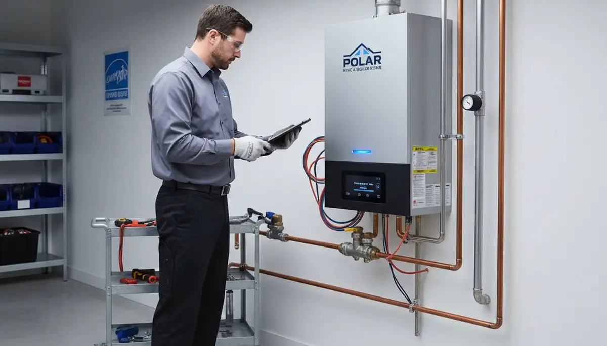 Technician repairing residential boiler in Allentown, PA for Five Star Cooling heating service
