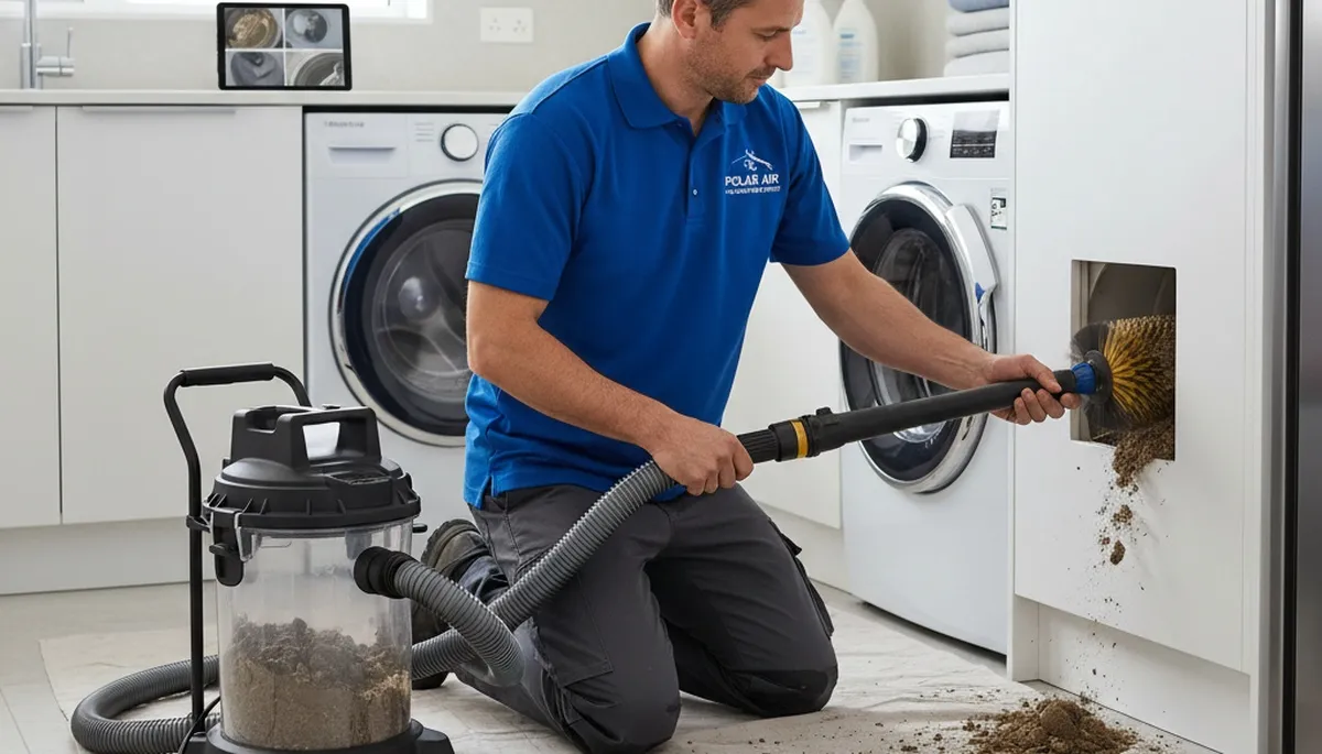 Technician cleaning residential dryer vent in Allentown, PA for improved airflow and safety