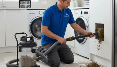 Technician cleaning residential dryer vent in Allentown, PA for improved airflow and safety