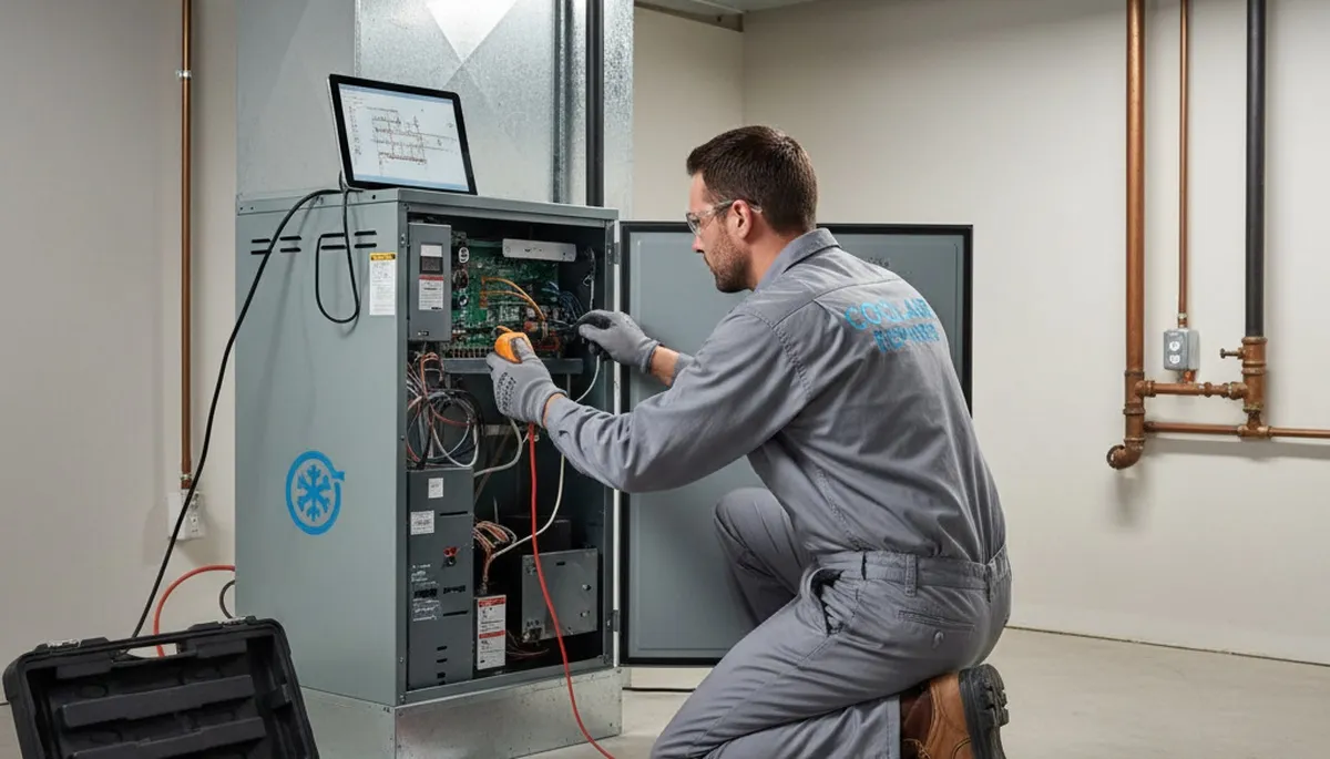 Technician performing furnace repair in Allentown, PA home - Five Star Cooling heating service