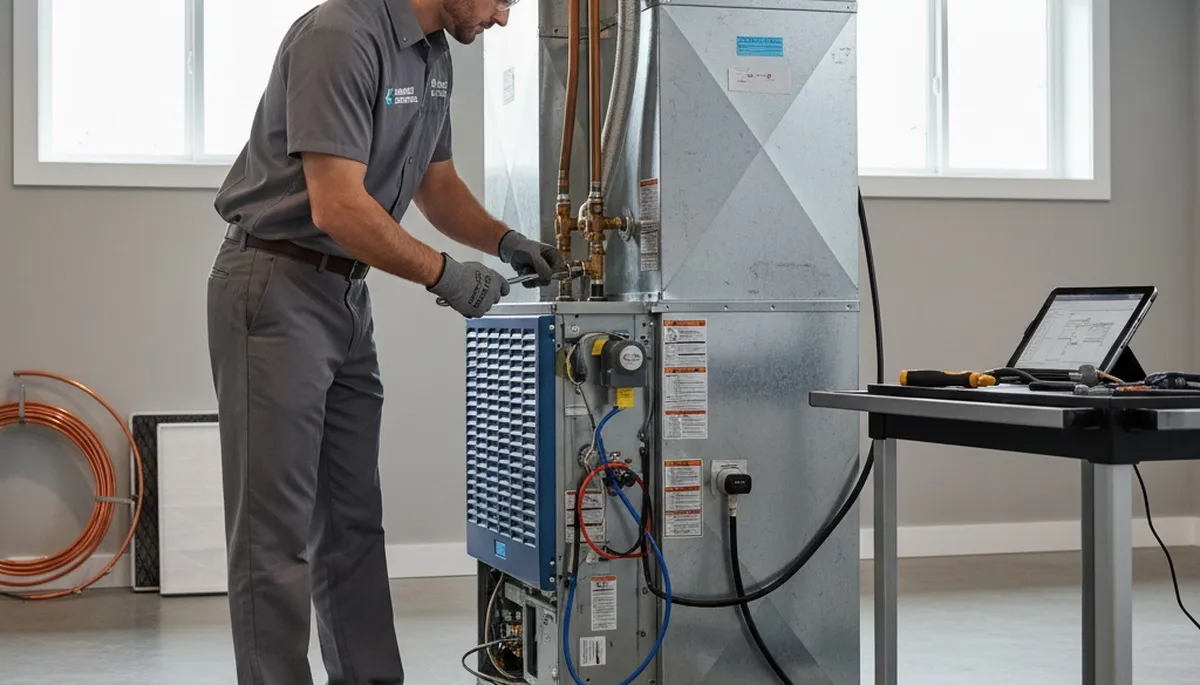 Technician performing heating repair on furnace in Allentown PA home | Five Star Cooling