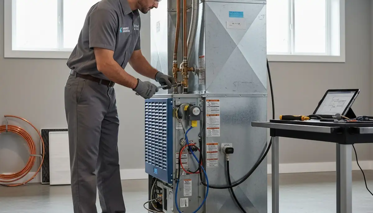 Technician performing heating repair on furnace in Allentown PA home | Five Star Cooling