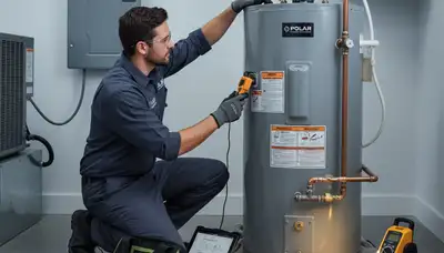 Technician repairing residential water heater in Allentown, PA for Five Star Cooling service page