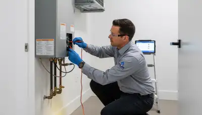 Technician repairing residential water heater in Allentown PA for Five Star Cooling service page