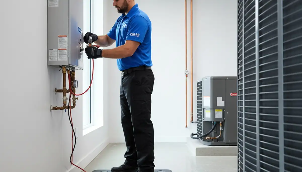 Technician repairing residential water heater in Allentown, PA for Five Star Cooling service page